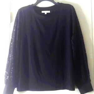 Rose and Olive Black floral Lace  sleeve pull over Top Sz L